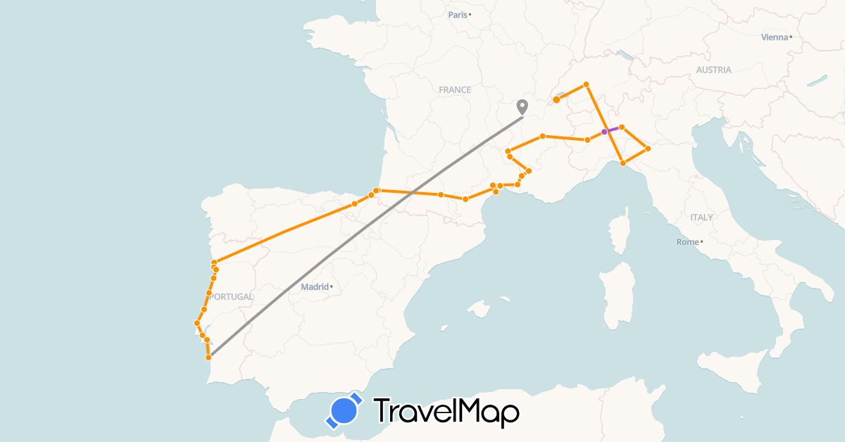 TravelMap itinerary: driving, plane, train, hitchhiking in Switzerland, Spain, France, Italy, Portugal (Europe)